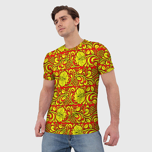 Мужская футболка Хохломская роспись золотистые цветы и ягоды на кра / 3D-принт – фото 3