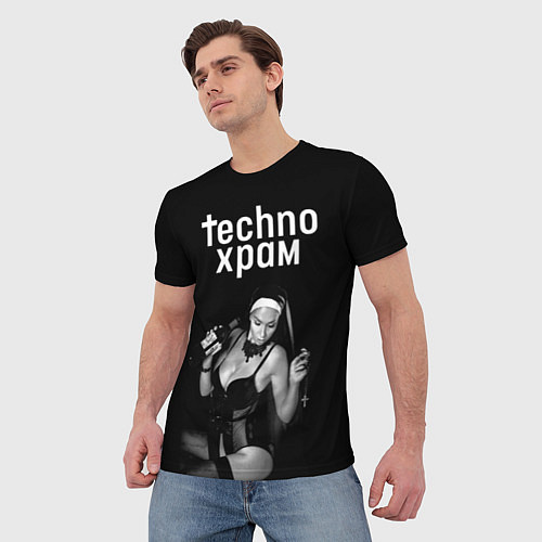 Мужская футболка Techno храм монашка с бутылкой / 3D-принт – фото 3