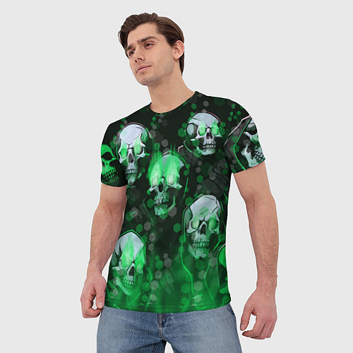 Мужская футболка Зелёные черепа на зелёном фоне / 3D-принт – фото 3