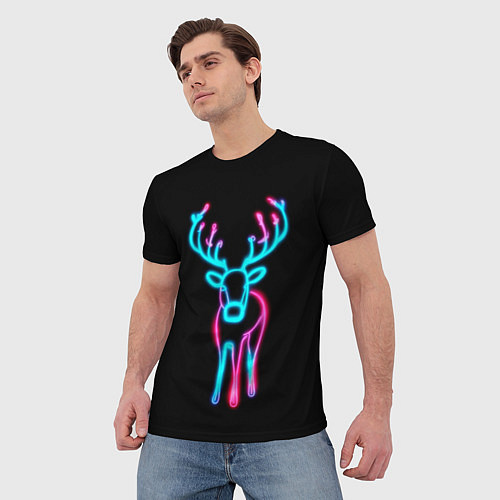 Мужская футболка Неоновый олень на чёрном фоне / 3D-принт – фото 3