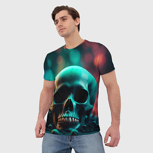 Мужская футболка Бирюзовый череп среди стеклянных шаров и боке / 3D-принт – фото 3