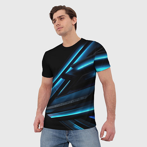 Мужская футболка Черная абстракция с синим неоновым ярким свечением / 3D-принт – фото 3