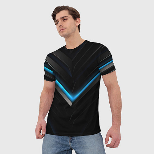 Мужская футболка Черная абстракция с синим неоновым ярким свечением / 3D-принт – фото 3