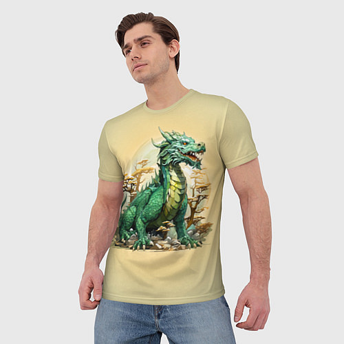 Мужская футболка Огромный зеленый дракон среди деревьев / 3D-принт – фото 3