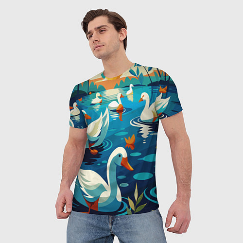 Мужская футболка Гуси лебеди вода / 3D-принт – фото 3