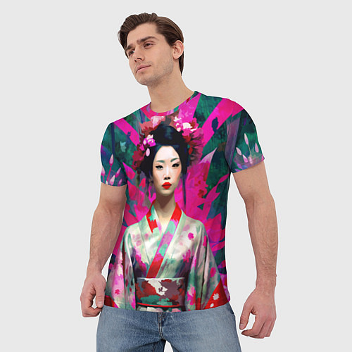 Мужская футболка Сад сакуры - гейша в традиционном японском кимоно / 3D-принт – фото 3