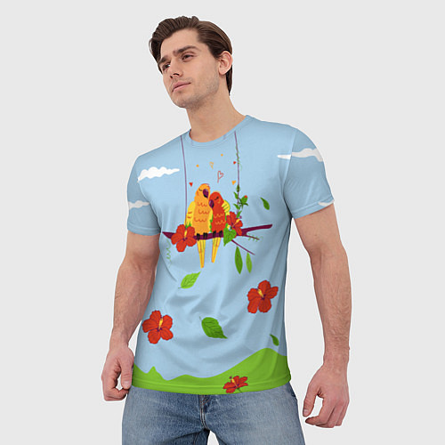 Мужская футболка Пара влюбленных попугаев на ветке с гибискусами / 3D-принт – фото 3