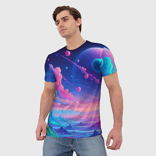 Мужская футболка Fantastic space landscape - neon glow / 3D-принт – фото 3