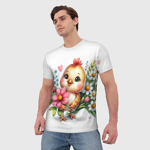 Мужская футболка Мультяшный цыпленок с цветами / 3D-принт – фото 3