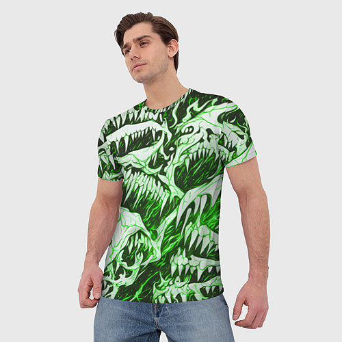 Мужская футболка Белые клыки на зелёном фоне / 3D-принт – фото 3