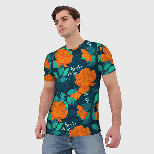 Мужская футболка Паттерн с оранжевыми цветами / 3D-принт – фото 3