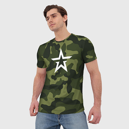 Мужская футболка Белая звезда в лесном камуфляже / 3D-принт – фото 3