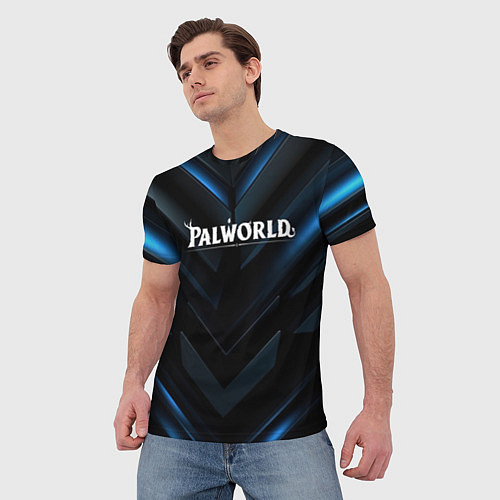 Мужская футболка Palworld logo blue neon abstract black / 3D-принт – фото 3