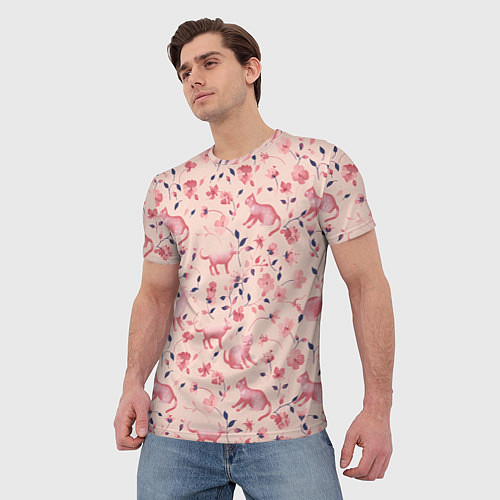 Мужская футболка Розовый паттерн с цветами и котиками / 3D-принт – фото 3