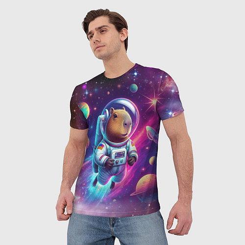 Мужская футболка Космонавт капибара в неоновом космосе / 3D-принт – фото 3