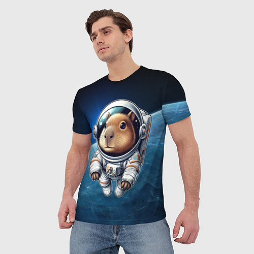 Мужская футболка Кроха капибара в космическом скафандре / 3D-принт – фото 3