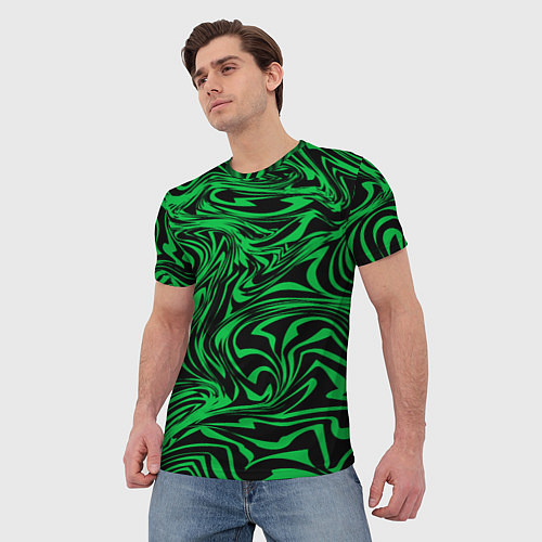 Мужская футболка Узор на черном фоне с ярким зеленым абстрактным ди / 3D-принт – фото 3
