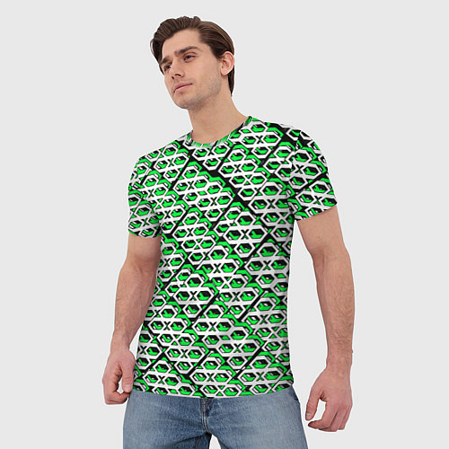 Мужская футболка Зелёно-белый узор на чёрном фоне / 3D-принт – фото 3