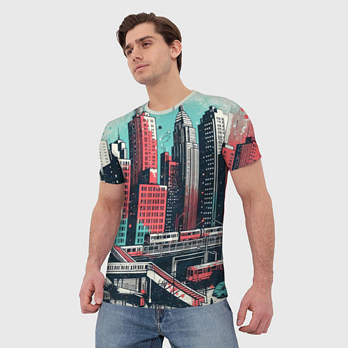 Мужская футболка Силуэты небоскребов в брызгах красной и голубой кр / 3D-принт – фото 3