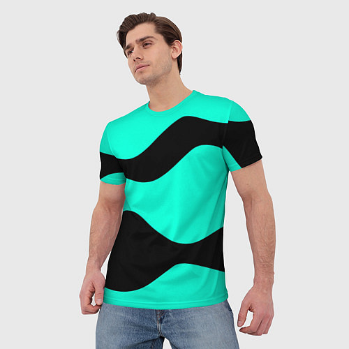 Мужская футболка Бирюзовый в чёрные волнистые полосы абстракция / 3D-принт – фото 3