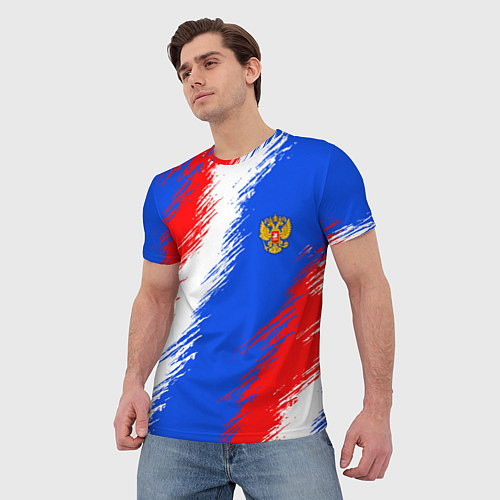 Мужская футболка Триколор штрихи с гербор РФ / 3D-принт – фото 3
