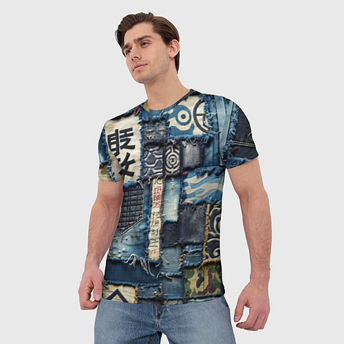 Мужская футболка Иероглифы на пэчворк дениме / 3D-принт – фото 3