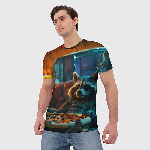 Мужская футболка Енот с пиццей на диване / 3D-принт – фото 3