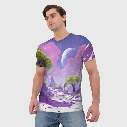 Мужская футболка Фиолетовые горы зеленые деревья и космос / 3D-принт – фото 3