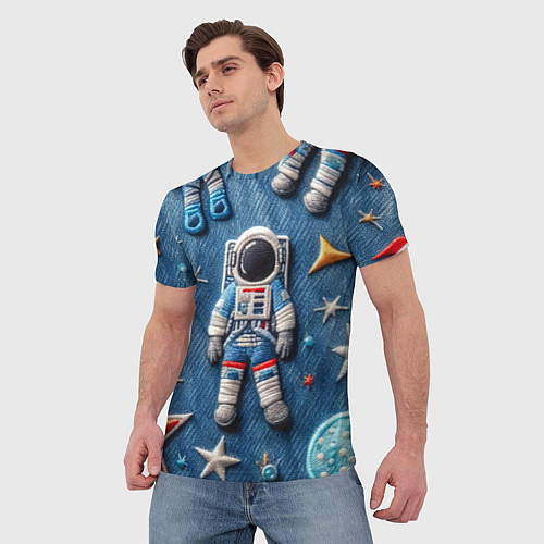 Мужская футболка Космонавт - вышивка по джинсе нейросеть / 3D-принт – фото 3