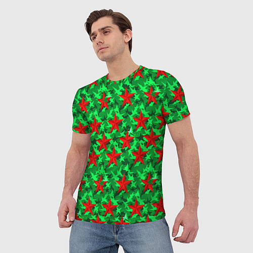 Мужская футболка Красные звезды победы на зеленом камуфляже / 3D-принт – фото 3