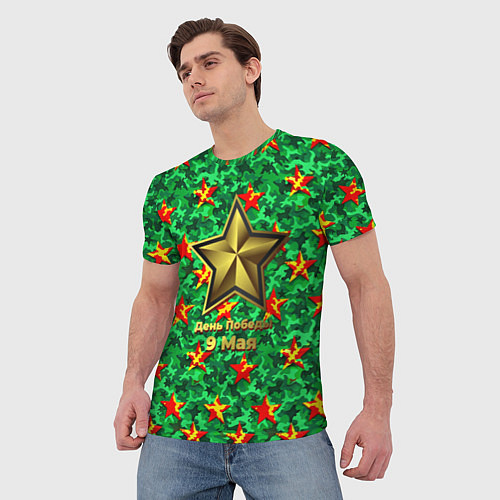 Мужская футболка 9 мая звезды на зеленом ярком камуфляже / 3D-принт – фото 3