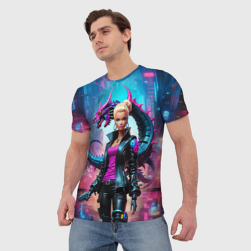 Мужская футболка Барби и дракон - киберпанк нейросеть / 3D-принт – фото 3