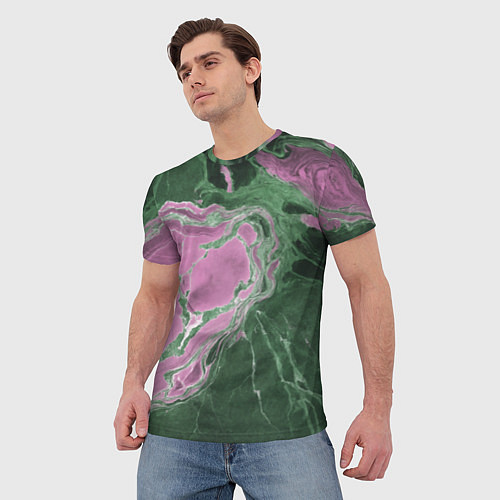 Мужская футболка Мрамор темно-зеленый с розовым / 3D-принт – фото 3