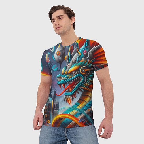 Мужская футболка Фантастическая композиция с драконом - нейросеть / 3D-принт – фото 3