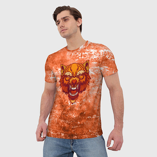 Мужская футболка Красный гневный волк на фоне абстракции / 3D-принт – фото 3