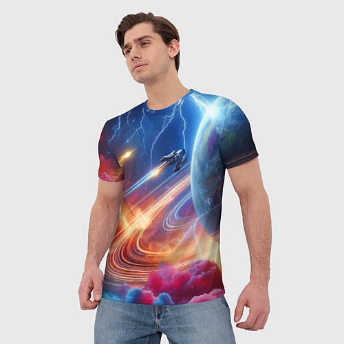 Мужская футболка Полёт к сатурну - нейросеть / 3D-принт – фото 3