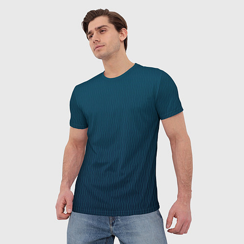 Мужская футболка Градиент тёмно-бирюзовый с волнистыми линиями / 3D-принт – фото 3