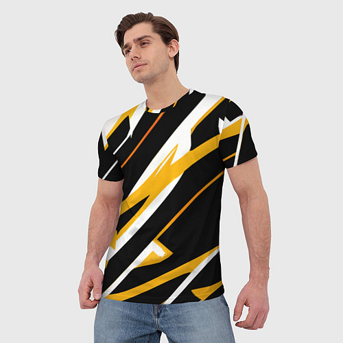 Мужская футболка Жёлто-белые полосы и чёрный фон / 3D-принт – фото 3