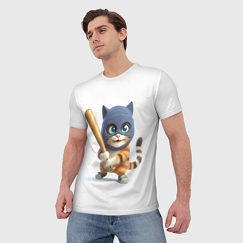 Мужская футболка Прикольный котёнок с бейсбольной битой и в балакла / 3D-принт – фото 3