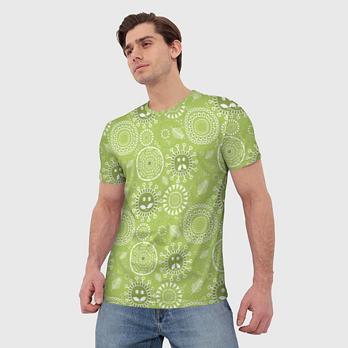 Мужская футболка Зеленый цветочный - паттерн смайлики / 3D-принт – фото 3