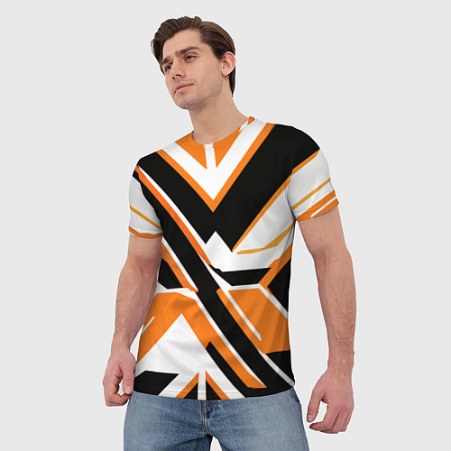 Мужская футболка Чёрно-оранжевые широкие линии на белом фоне / 3D-принт – фото 3