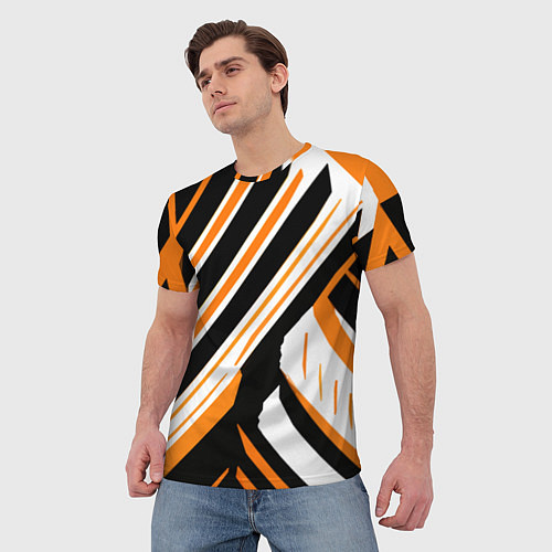 Мужская футболка Чёрно-оранжевые полосы на белом фоне / 3D-принт – фото 3