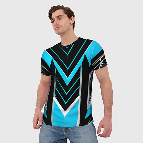 Мужская футболка Серо-голубые полосы на чёрном фоне / 3D-принт – фото 3