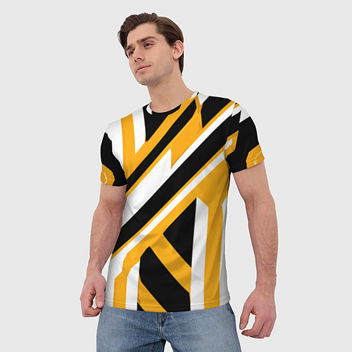 Мужская футболка Чёрно-белые полосы и фигуры на жёлтом фоне / 3D-принт – фото 3