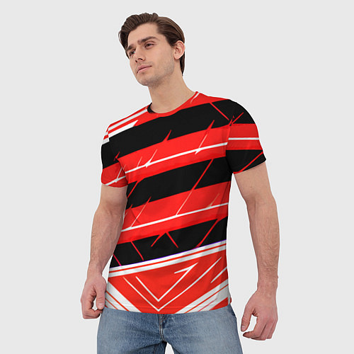 Мужская футболка Чёрно-белые полосы на красном фоне / 3D-принт – фото 3