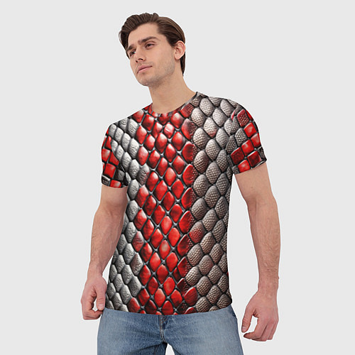 Мужская футболка Змеиная объемная текстурная красная шкура / 3D-принт – фото 3