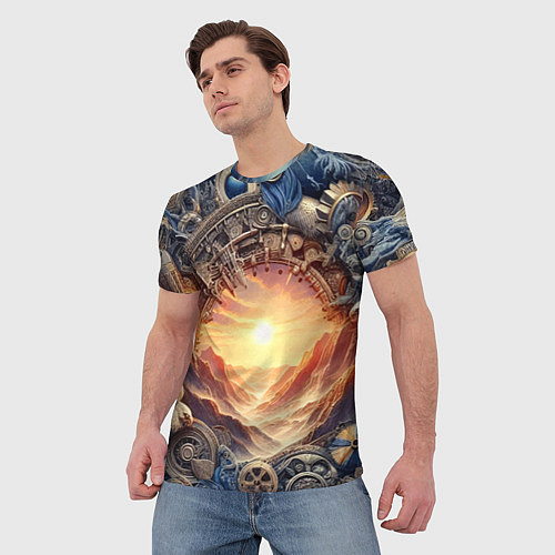Мужская футболка Закат солнца в горах - стимпанк коллаж / 3D-принт – фото 3