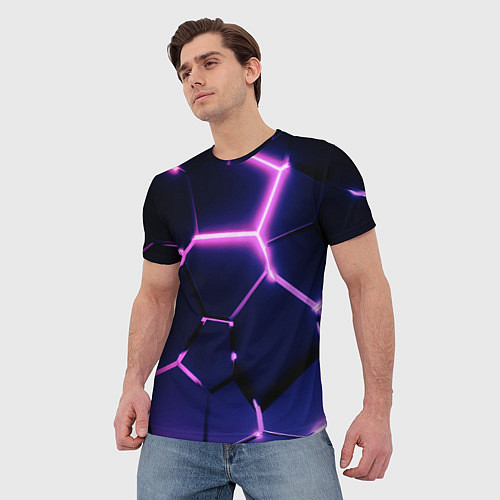 Мужская футболка Сине-фиолетовые неоновые плиты в разломе / 3D-принт – фото 3