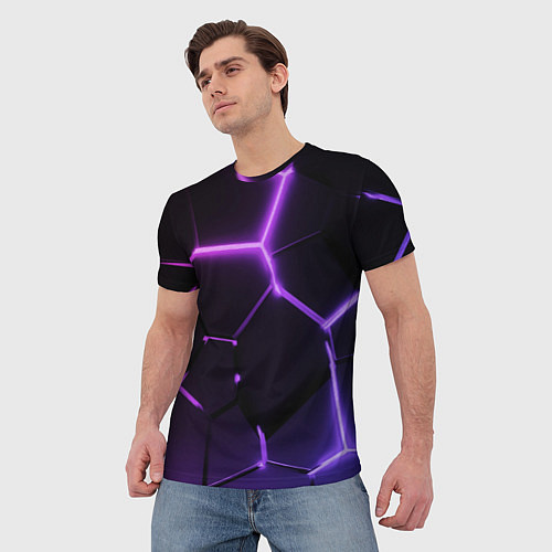 Мужская футболка Темные фиолетовые неоновые плиты в разломе / 3D-принт – фото 3