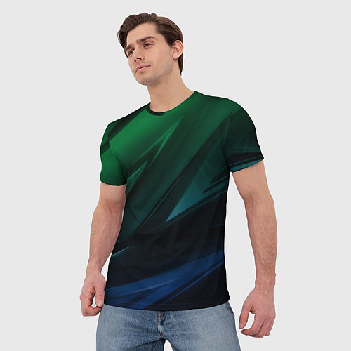 Мужская футболка Зелено-синие абстрактные объемные полосы / 3D-принт – фото 3